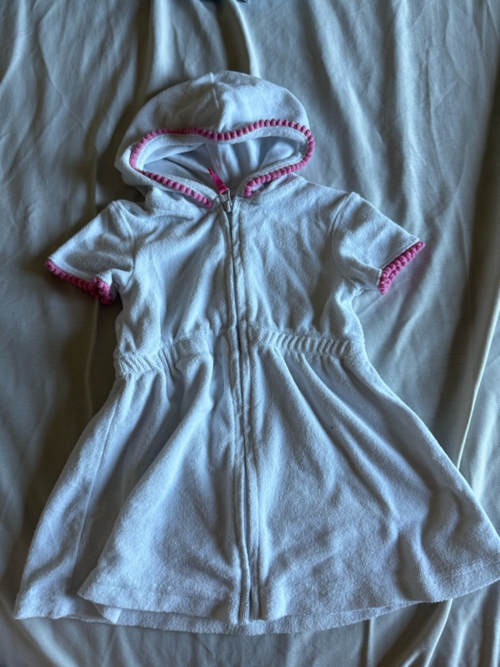 Little Me White Hooded Terry Zip-Up with Pink Trim
